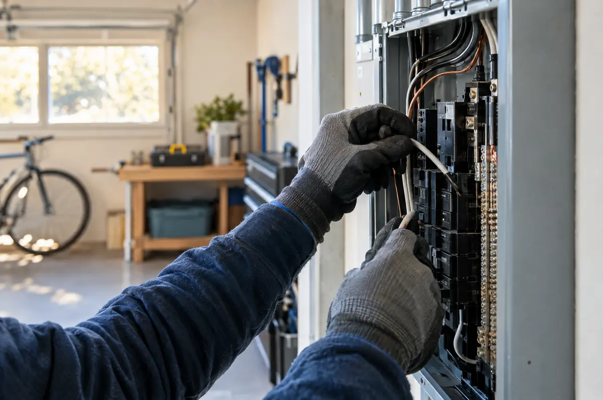 Hands in work gloves wiring a residential electrical panel