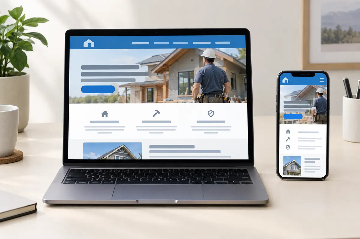 A laptop and a phone on a desk, both showing the same simple contractor website