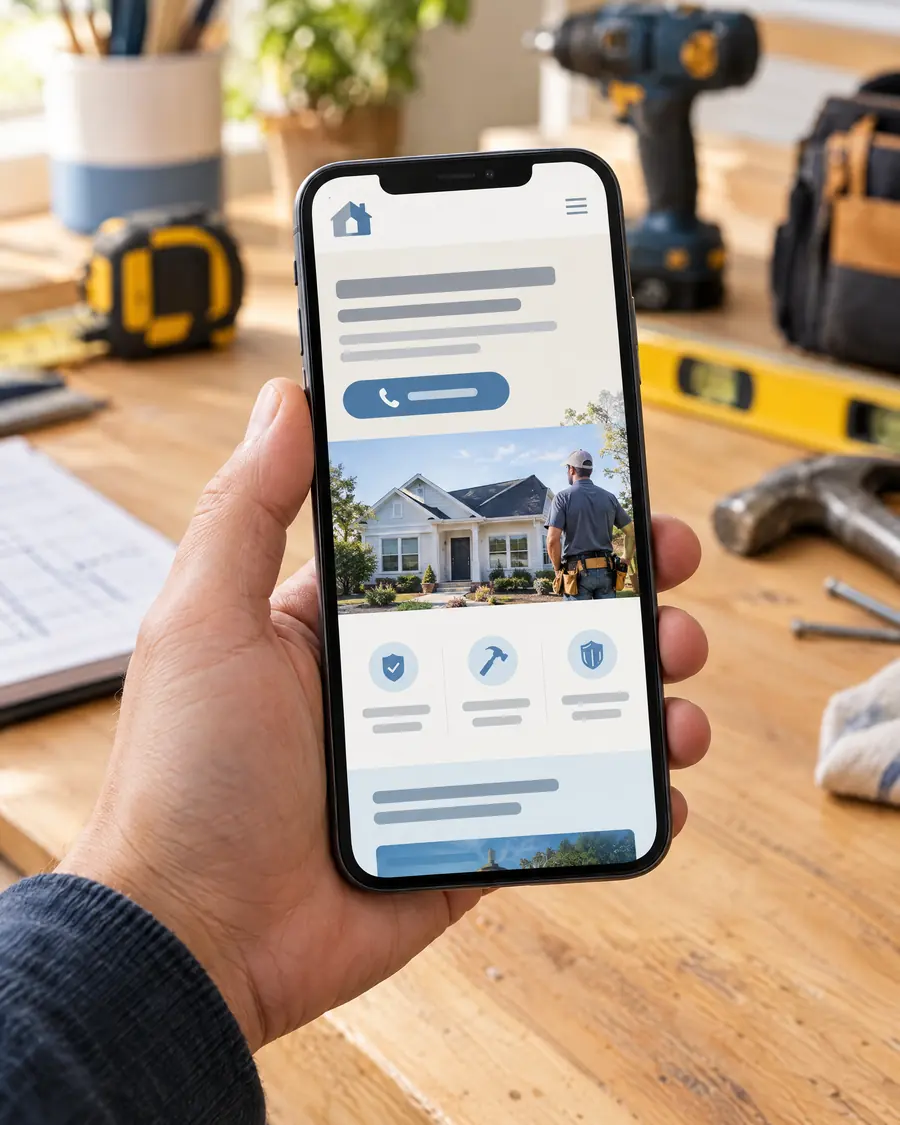 A hand holding a phone that shows a simple contractor website, a workbench behind it