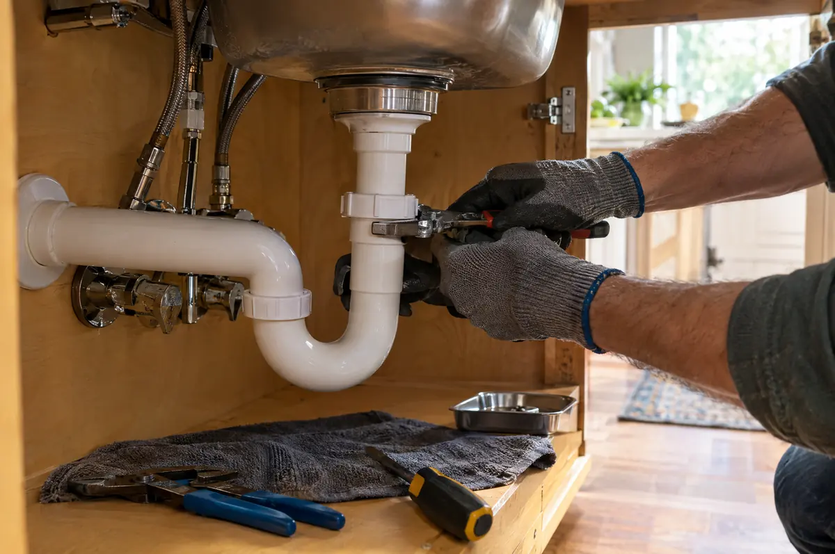 A plumber's gloved hands tightening a pipe fitting under a sink