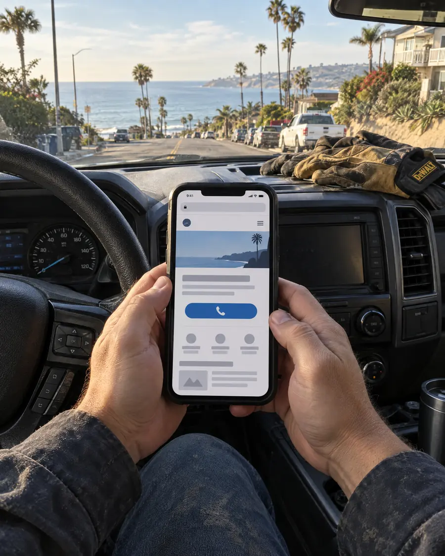 Hands holding a phone that shows a simple website with a big call button, inside a parked truck
